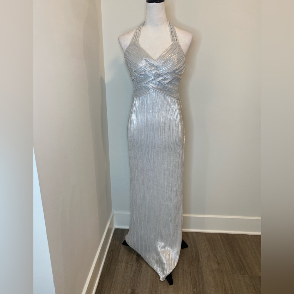 Elegant Silver Halter Maxi Dress